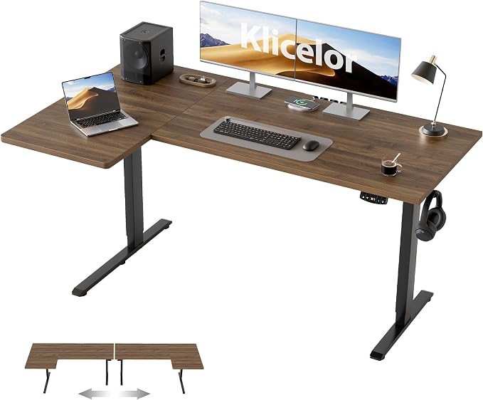 Klicelor L Shaped Standing Desk, 55 Inch Electric Height Adjustable Desk with Memory Preset, Reversible Sit Stand Up Computer Workstation for Home Office, Splice Board, Dark Walnut