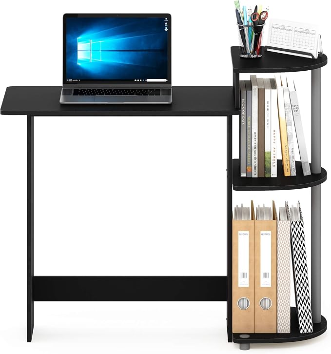 Furinno Compact 29-Inch Black Computer Desk, Gaming Desk with Shelves, Office Desk with Book Shelf, for Home Office, Study Room, Dorm, Bedroom, Black
