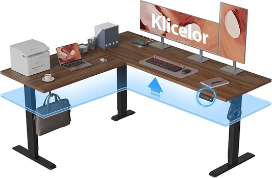 Klicelor L Shaped Standing Desk 63 x 55 Inch, Electric Height Adjustable Corner Desk for Home Office Workstation, Ergonomic Sit Stand Computer Table with Memory Controller, Dark Walnut
