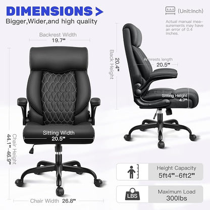 High Back Executive Office Chair - Ergonomic Computer Desk with Rocking Function, Leather Managerial with Adjustable Flip-Up Armrests and Lumbar Support