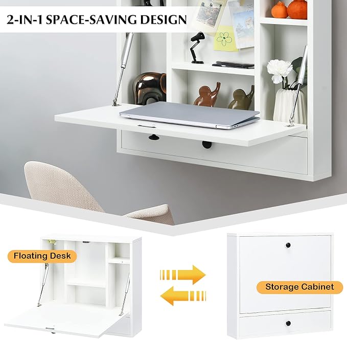 COSTWAY Wall-Mounted Computer Desk, Floating Desk with Storage Drawer & Shelves, Fold-up Desktop & Pneumatic Springs, Ideal for Home, Office, Dormitory, Small Spaces (White)