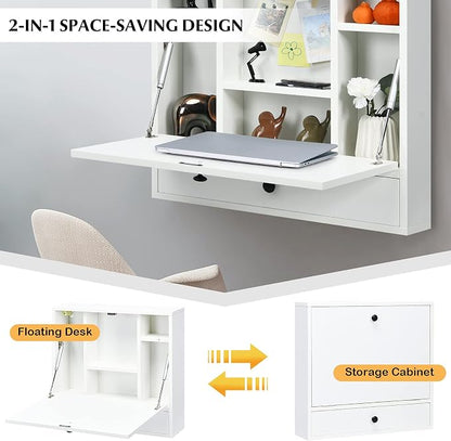 COSTWAY Wall-Mounted Computer Desk, Floating Desk with Storage Drawer & Shelves, Fold-up Desktop & Pneumatic Springs, Ideal for Home, Office, Dormitory, Small Spaces (White)