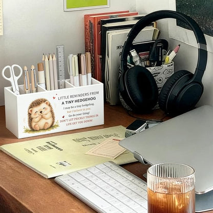 Positive Hedgehog Pen Pencil Holder Desk Decor Gifts for Women | Cute Hedgehog Inspirational Pen Pencil Wooden Organizer Office Desk Accessories Decorations for Dorm Room Bedroom Tabletop