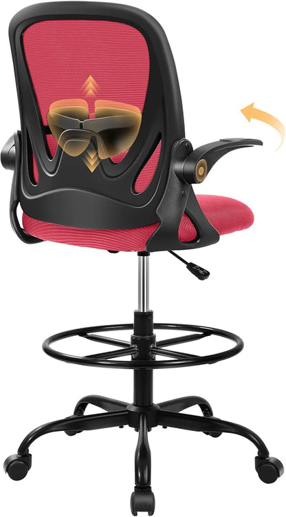Primy Drafting Chair Tall Office Chair with Flip-up Armrests Executive Ergonomic Computer Standing Desk Chair with Lumbar Support and Adjustable Footrest Ring (Fire Brick)
