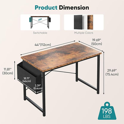 OLIXIS Computer Desk, 44 Inch Home Office Desks for Small Spaces, Writing Craft Study Gaming Table for Bedroom, Modern Computer Workstation with Storage Bag and Headphone Hook, Rustic Brown