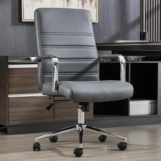 Office Desk Chair Leather, Conference Room Chairs with Wheels, Modern Executive Office Chairs Adjustable Height, Ergonomic Swivel Rolling Ribbed Computer Chair(Grey)