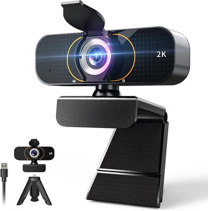 2K Webcam for Computer/Laptop/Desktop/PC, Camera with Microphone, USB Plug&Play, Auto Low Light Correction, Privacy Cover, Tripod, Wide Angle for Meeting/Online Video/Zoom