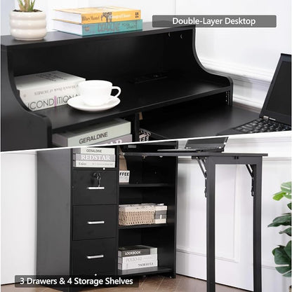 Fold Out Desk,Folding Desk with Storage,Lockable Drawers & Shelves, Built-in Power Outlet,Hidden Desk for Study and Home Office