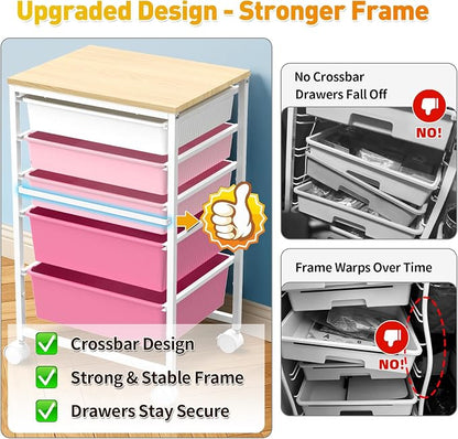 SUNALLY Rolling Storage Utility Cart With 5 Drawers, 5 Tier Rolling Cart with Wooden Tabletop and 2 Lockable Wheels, Storage Drawer Cart for Craft Art Supply Storage & Home Office Organization, Pink