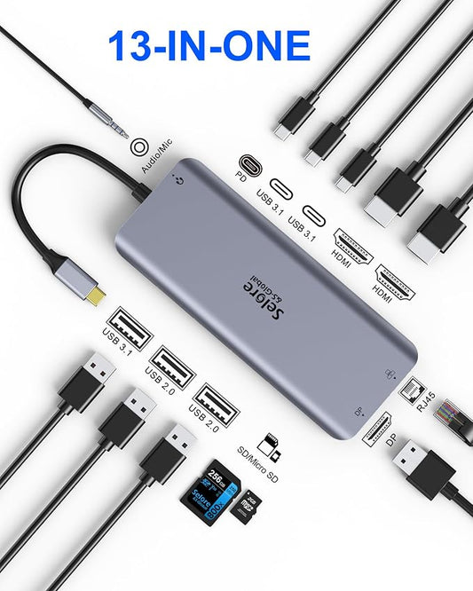 Selore USB C Docking Station Dual Monitor 13 in 1 USB-C Multiport Adapter | 2HDMI + DisplayPort, 100W PD, USB 3.0, SD/microSD, Gigabit Ethernet, 3.5mm audio, for Dell HP XPS Surface