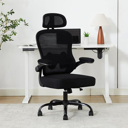 Ergonomic Office Chair,Ultra Thick Office Desk Chair with Adjustable Lumbar Support and Headrest,Spring Cushion,Rocking Function,Flip-up arms,Mesh Computer Chair for Home Office,Black