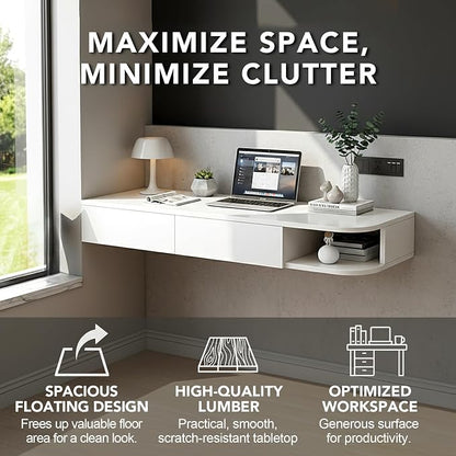 Corner Floating Desk with Drawer, Wall Mounted Desk with Open Shelving, Floating Makeup Vanity with Storage, Scratch-Resistant, Space Saving, for Bedroom Living Room Small Spaces Apartment