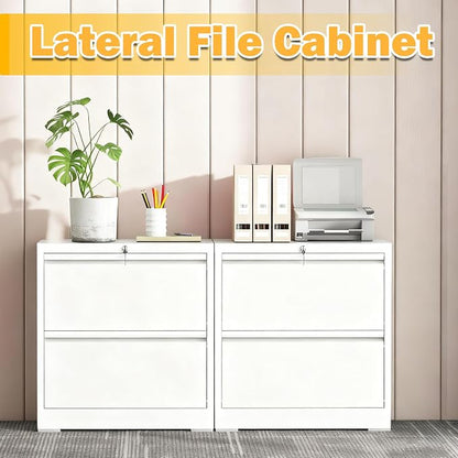 2 Drawer Lateral File Cabinet with Lock, Metal Lateral Filing Cabinets for Home Office, File Cabinet, File Storage Cabinet for Legal/Letter/A4 Documents, Assembly Required, White, 26'W