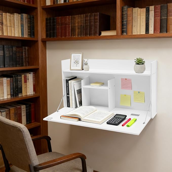 Wall Mounted Desk Multifunctional Fold Down Laptop Computer Table Writing Workstation with Storage Compartments Space Saving for Home Office (White)