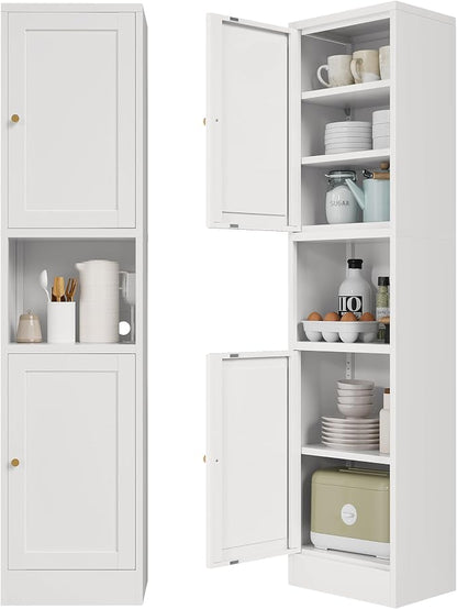 Tall Narrow Storage Cabinet,Metal Pantry Cabinet with Ajustable Shelves Open Countertop, Slim Sideboard for Small Spaces, Living Room, Kicthen, Dining Room, White