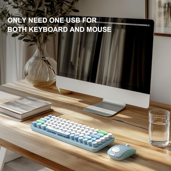 FOPETT Wireless Keyboard and Mouse Cute Mouse and Keyboard 2.4G Wireless Keyboards with Colorful 68 Keys Typewriter Retro Round Keycap for PC, Laptop,Tablet,Computer Windows - Blue Colorful