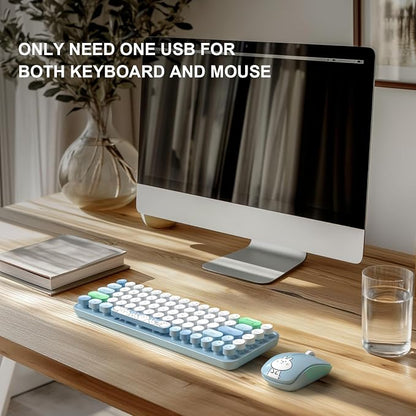 FOPETT Wireless Keyboard and Mouse Cute Mouse and Keyboard 2.4G Wireless Keyboards with Colorful 68 Keys Typewriter Retro Round Keycap for PC, Laptop,Tablet,Computer Windows - Blue Colorful