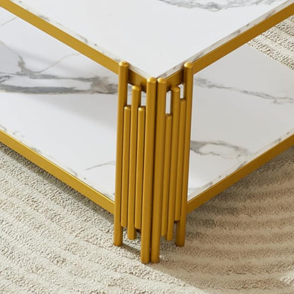 White Marble Coffee Table Set of 3, Faux Marble Coffee Tables, Console Table and End Tables with Gold Chrome Metal I-Base, Luxury Marble 3 Piece Living Room Table Set for Bedroom Home Office