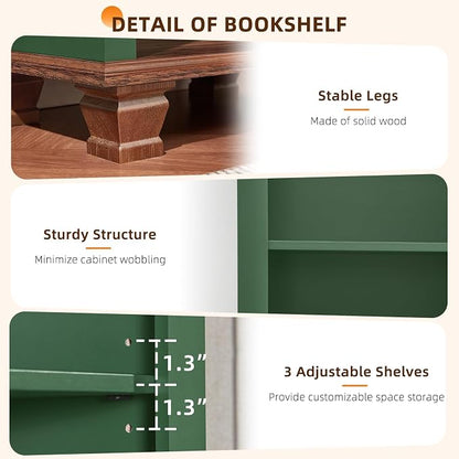 SAVOR LIFE Narrow Green Book Shelf, 70" Tall Skinny Bookshelf with Adjustable Shelves & Wooden Legs, Farmhouse Wood Bookcase w/5-Tier Open Storage, Free Standing Book Case for Office,Living Room,3PCS