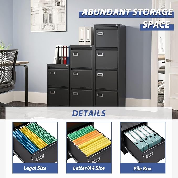 Black 3 Drawer File Cabinet,Metal Filing Cabinets with Lock,Office File Storage Cabinet for A4/Letter/Legal Size File(Assembly Required)