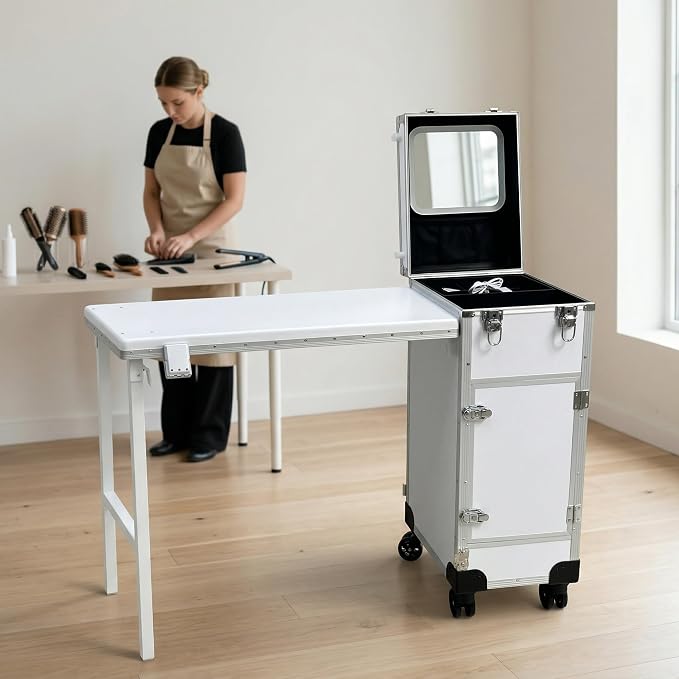 Portable Manicure Table with Storage – Travel Nail Desk | 360° Swivel Wheels Rolling Case, Professional Mobile Salon Station, Cosmetic Makeup Organizer Cart for Tech On the Go