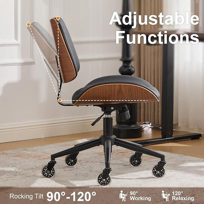 Armless Office Chair with Wheels, Ergonomic Leather Chair, Mid Back 360 Swivel Computer Chair, Modern Walnut Desk Chair for Small Space, Reading, Meeting Room, Black