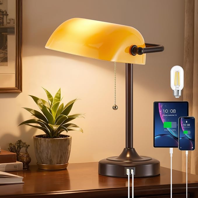 EJIAXIN Vintage Bankers Lamp - Retro Desk Lamp with USB & Type C Charging Ports Traditional Pull Chain Switch Library Table Lamp for Home Office Nightstand Bedroom Side Table Lamp(Amber Glass Shade)
