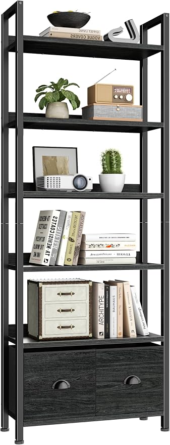 Furologee 6-Tier Bookshelf, Tall Bookcase with 2 Drawers Storage Organizer, Industrial Display Free Standing Shelf Units, Wood and Metal Storage Rack for Home Office, Bedroom, Black Oak