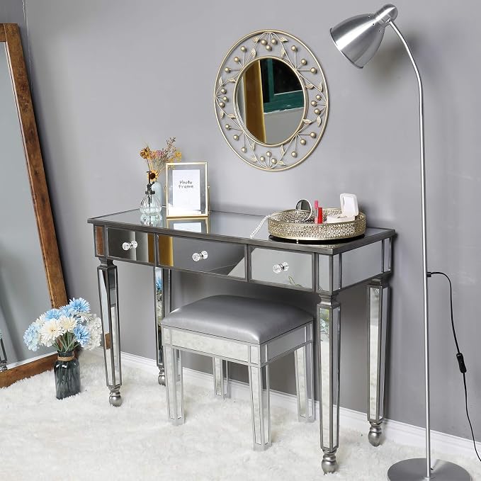Henf Mirrored Console Table, Modern Makeup Vanity Desk Dressing Table with 3 Drawers, Contemporary Vanity Sofa Side Table Occasional Entry Table for Entryway/Living Room/Bedroom, Antique Silver