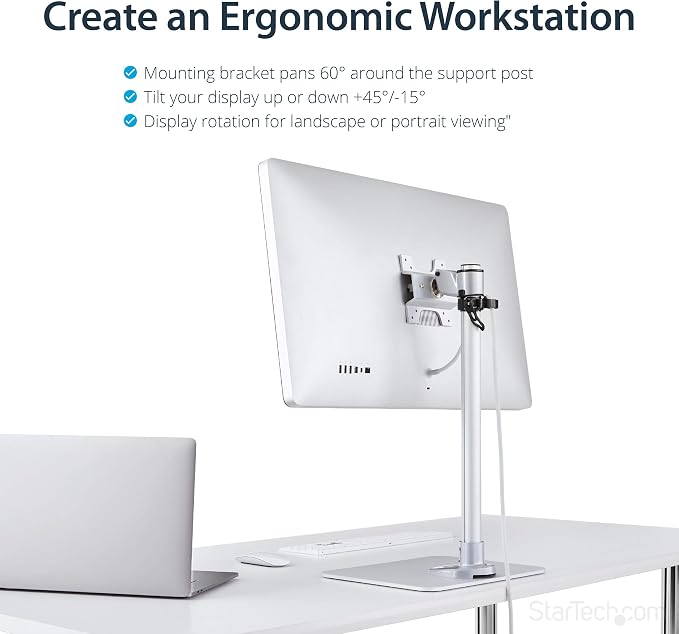 StarTech.com Single Monitor Stand, Adjustable, Supports UHD, iMac and Apple Thunderbolt Displays from 12'' to 34" (30.9lb/14kg), Premium Single Screen VESA Monitor Mount Stand, Silver, TAA