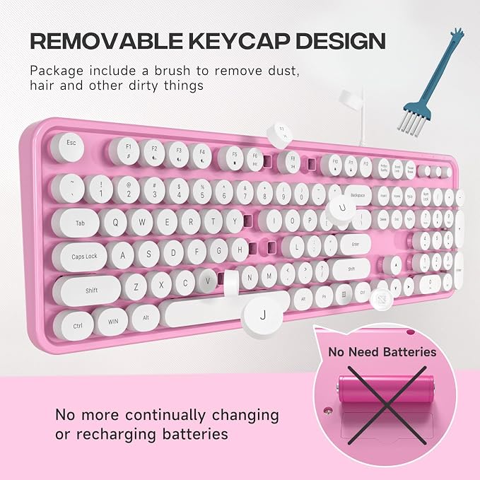 MOWUX Computer Keyboard Wired, Plug and Play USB Retro Round Typewriter Keyboard, Full Size Wired Keyboard with Foldable Stands for Laptop and Office PC- Pink