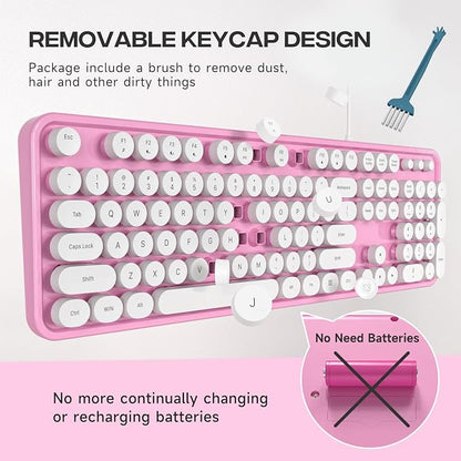 MOWUX Computer Keyboard Wired, Plug and Play USB Retro Round Typewriter Keyboard, Full Size Wired Keyboard with Foldable Stands for Laptop and Office PC- Pink