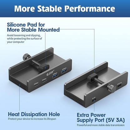 EJAY 4Ports 10Gbps USB-C HUB USB3.2 Clamp USB HUB Splitter,Mountable USB-C Adapter with Data & Power Cable for iMac 2021 and later-10Gbps (Black)