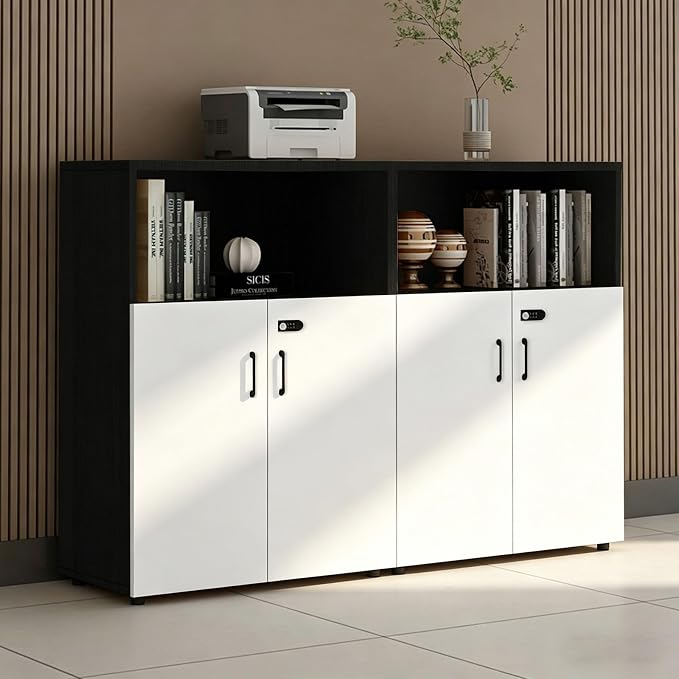 File Cabinet with Password Lock, Wood Lateral Filing Cabinet for Letter/A4 Files, 3 Drawer with Door, Printer Stand with Open Shelves for Home Office