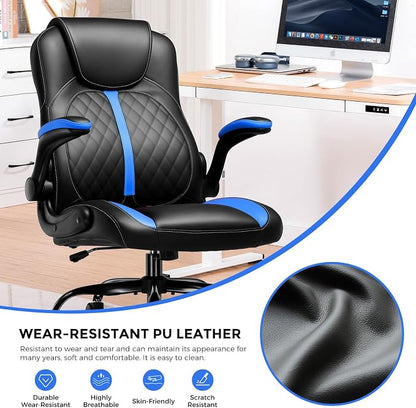 COMHOMA Office Computer Gaming Chair Ergonomic Desk Chair for Adults with Lumbar Support Flip-Up Arms Adjustable Height Swivel Wheels PU Leather Executive Design for Short People Use, Blue