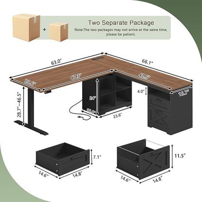 YOMILUVE Farmhouse L Shaped Standing Desk, 66 inch Corner Electric Standing Desk with Drawers ＆ Storage Shelves, Height Adjustable Computer Desk with Power Outlets for Home Office (Black and Brown)