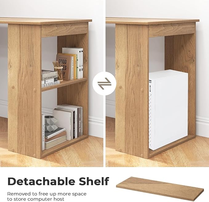 LDAILY Computer Desk with Bookshelf, 48” Modern Office Desk w/ 6-Tier Storage Shelves, CPU Stand, Wider Base, 3-in-1 Reversible Study Table, Writing Desk for Home Office, Bedroom, Study Room (Natural)