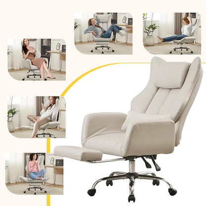 Ergonomic Cross Legged Office Chair with Footrest,Leather Big and Tall Executive Chair with Lumbar Pillow,Reversible Armrest for Pets,155° Reclining Computer Wide Desk Chair for Home,Office, Beige