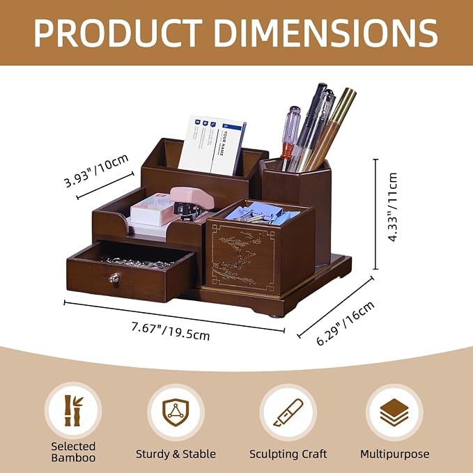 Bamboo Desk Organizer with Drawer, Pen Holder & Business Card Slot, Multi-Compartment Desktop Storage Caddy, Wood Desk Accessories for Office & Home Office, Dark Brown Finish