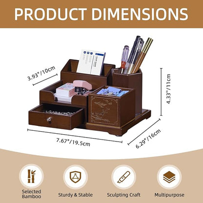 Bamboo Desk Organizer with Drawer, Pen Holder & Business Card Slot, Multi-Compartment Desktop Storage Caddy, Wood Desk Accessories for Office & Home Office, Dark Brown Finish