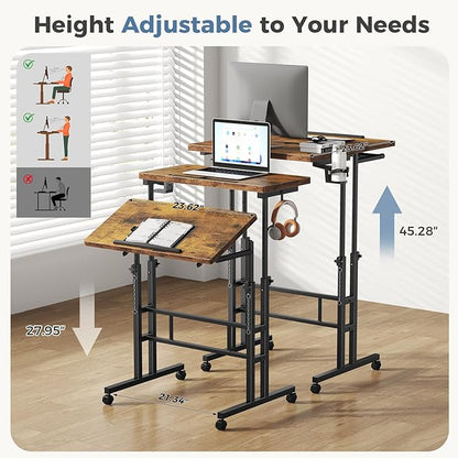 DUMOS Split Top Rolling Standing Desk 23.6 Inch Mobile Laptop Workstation Manual Height Adjustable Sit Stand Office Table Walking Pad Study Surface Portable Home Office Computer Cart Rustic Brown