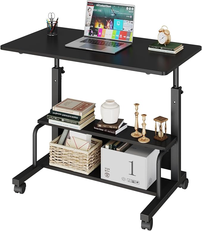 DUMOS 31.5" Mobile Rolling Desk with 2-Tier Storage Shelves, Height Adjustable Computer Desks on Wheels, Portable Rolling Laptop Table for Small Spaces & Home Office Black