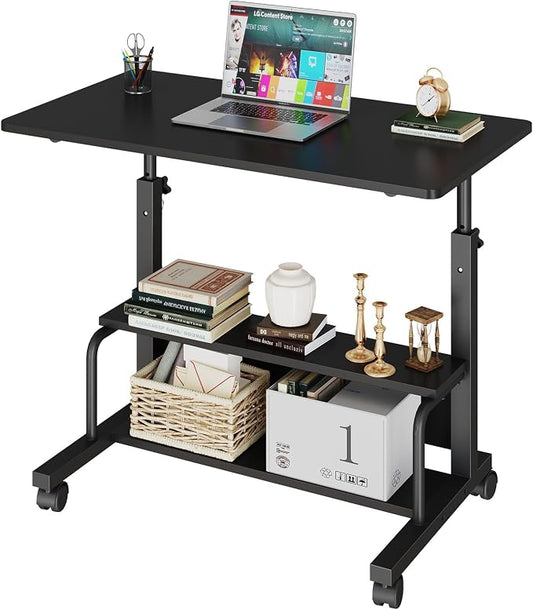 DUMOS 31.5" Mobile Rolling Desk with 2-Tier Storage Shelves, Height Adjustable Computer Desks on Wheels, Portable Rolling Laptop Table for Small Spaces & Home Office Black