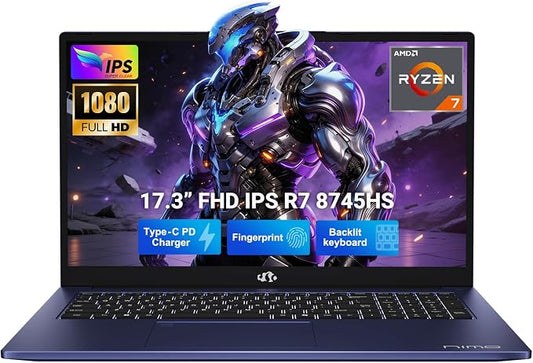 NIMO 17.3" IPS-Gaming-Laptop, AMD Ryzen 7 8745HS Up to 4.9GHz Beat R9 7940HS 16GB RAM 256GB SSD Radeon 780M-Graphics, WiFi 6E USB4 Backlit Keyboard Fingerprint, Win 11 PC for Work & Play 2-Yr Warranty