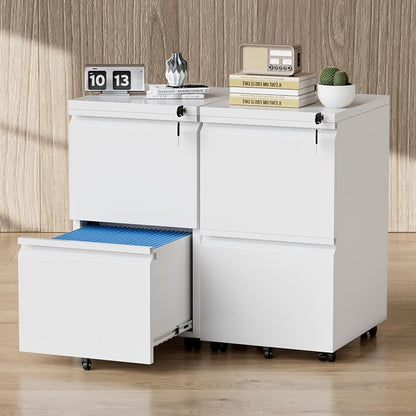 Greenvelly 2-Drawer Mobile File Cabinet with Lock, Metal Rolling Filing Cabinet on Wheels, Under Desk File Cabinet for Home Office, Fits Letter/Legal/A4 File (Assembly Required, White)