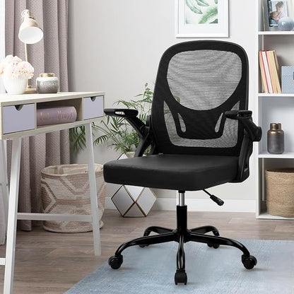 CLATINA Office Chair with Wheels, Ergonomic Flip Up Arms Mesh Back Desk Chairs with Lumbar Support, PU Leather Seat Adjustable Height Swivel Rolling Computer Task Chair for Study Home School, Black