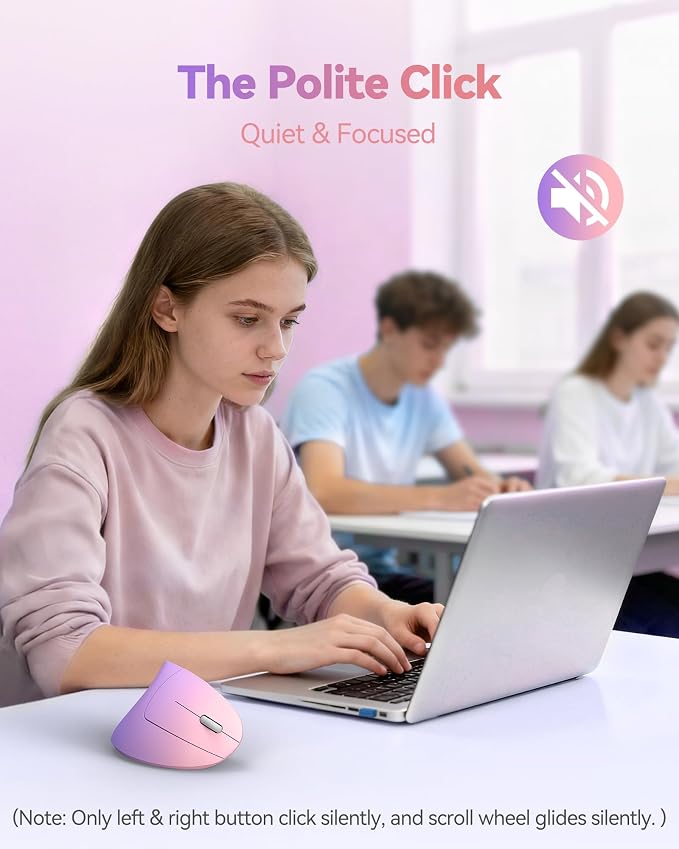 TECKNET Ergonomic Mouse Vertical Wireless with 2.4GHz USB Receiver - Optical Carpal Tunnel Mice Right Hand, 4800 DPI Adjustable, Quiet Clicks, 6 Buttons for Laptop, Desktop, PC, Computer - Pink Purple