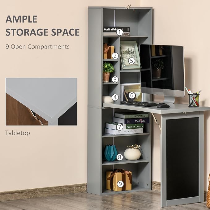 Folding Wall Mounted Desk with Storage, Expandable Hidden Computer Desk, Foldable Space-Saving Pull Out Murphy Table, Writing Table with Blackboard for Home Office Bedroom Small Spaces (Charcoal grey)