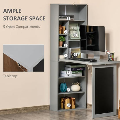 Folding Wall Mounted Desk with Storage, Expandable Hidden Computer Desk, Foldable Space-Saving Pull Out Murphy Table, Writing Table with Blackboard for Home Office Bedroom Small Spaces (Charcoal grey)