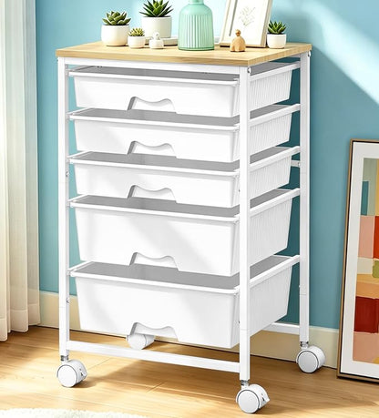 SUNALLY Rolling Carts With 5 Drawers, Storage Drawer Carts with Wooden Tabletop and 2 Lockable Wheels, Rolling Utility Cart for Craft Art Supply Storage & Home Office Organization, White